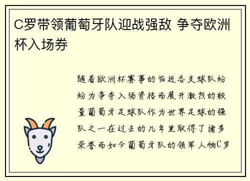 C罗带领葡萄牙队迎战强敌 争夺欧洲杯入场券